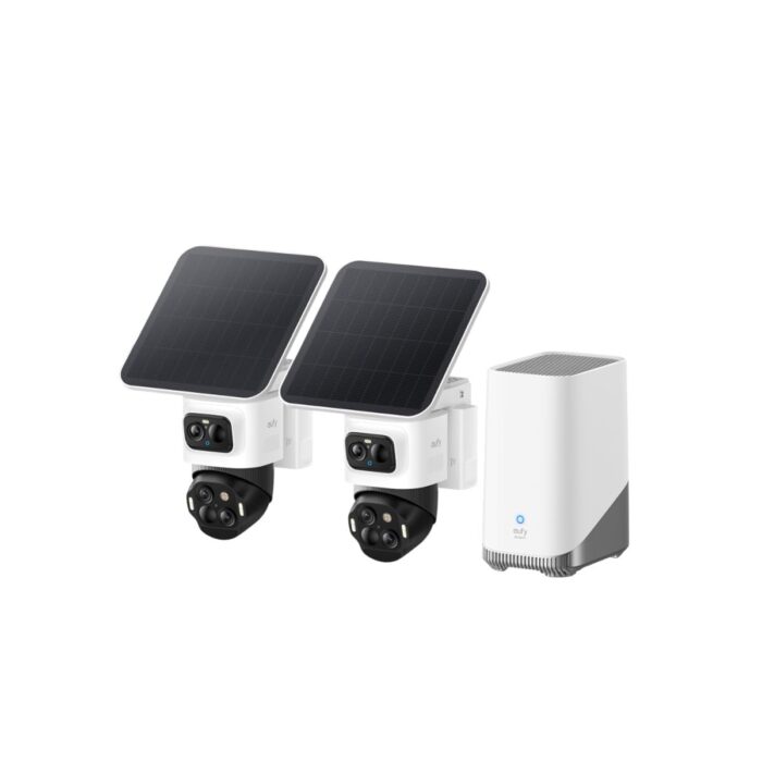 eufy Security eufyCam S4, kabellose Solar‑Outdoor‑Überwachungskamera, 3‑Linsen Bullet‑PTZ‑Kamera, 4K UHD, 360° Multi‑Kamera‑Auto‑Tracking, 8× Hybridzoom, Farbnachtsicht, kompatibel mit HomeBase S380