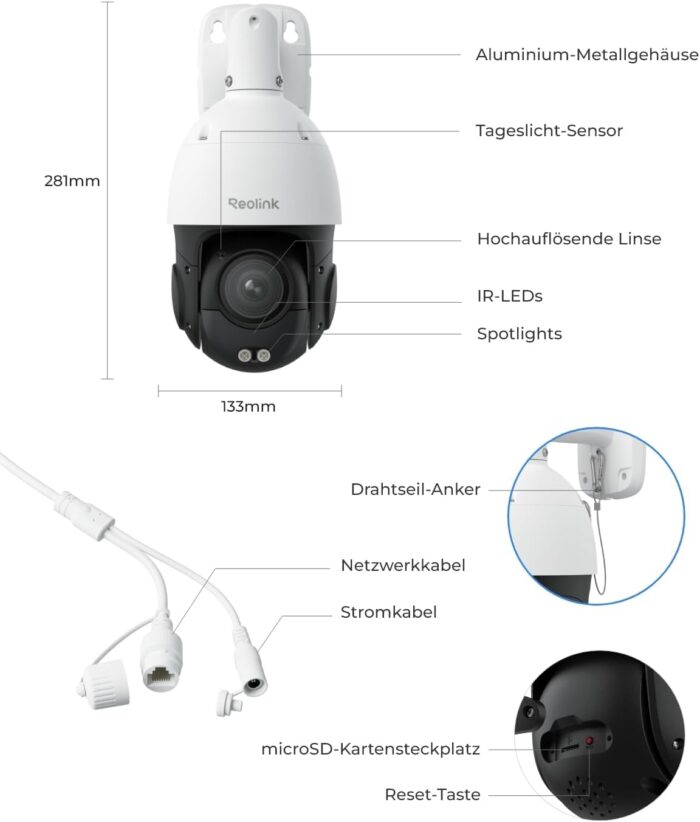 Reolink Smart 4K/8MP UHD PTZ Dome Überwachungskamera Aussen mit revolutionären 16X optischem 3D-Zoom, Farbnachtsicht, Personen-/Fahrzeug-/Tiererkennung, Zwei-Wege-Audio, 24/7 Aufzeichnung, RLC-823S2