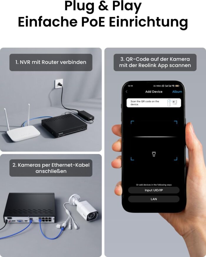 Reolink 4K Überwachungskamera Aussen Set, 8CH Videoüberwachung mit 4X 8MP PoE IP Kamera und 2TB HDD NVR für 24/7 Aufnahme Innen Outdoor, Personenerkennung und Fahrzeugerkennung, IP67, RLK8-800B4