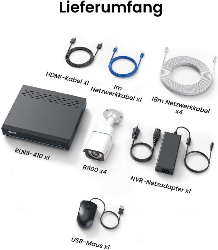 Reolink 4K Überwachungskamera Aussen Set, 8CH Videoüberwachung mit 4X 8MP PoE IP Kamera und 2TB HDD NVR für 24/7 Aufnahme Innen Outdoor, Personenerkennung und Fahrzeugerkennung, IP67, RLK8-800B4