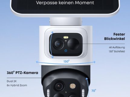 eufy Security eufyCam S4, kabellose Solar‑Outdoor‑Überwachungskamera, 3‑Linsen Bullet‑PTZ‑Kamera, 4K UHD, 360° Multi‑Kamera‑Auto‑Tracking, 8× Hybridzoom, Farbnachtsicht, kompatibel mit HomeBase S380