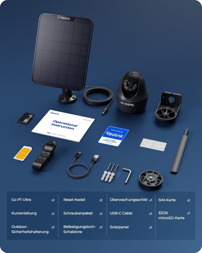 Reolink 4K 4G LTE Überwachungskamera Aussen mit SIM Karte Ohne WLAN, 355°&140° PTZ Solar Kamera Outdoor mit 8MP Farbnachtsicht, 32GB microSD-Karte, Go PT Ultra (Grau) +Solarpanel