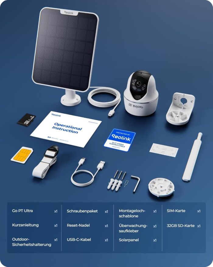 Reolink 4K 3G/4G LTE Überwachungskamera mit SIM Karte, 355°&140° PTZ Solar Kamera Outdoor mit 8MP Farbnachtsicht, Person/Auto/Haustiererkennung, 32GB microSD-Karte, Go PT Ultra+6W Solarpanel