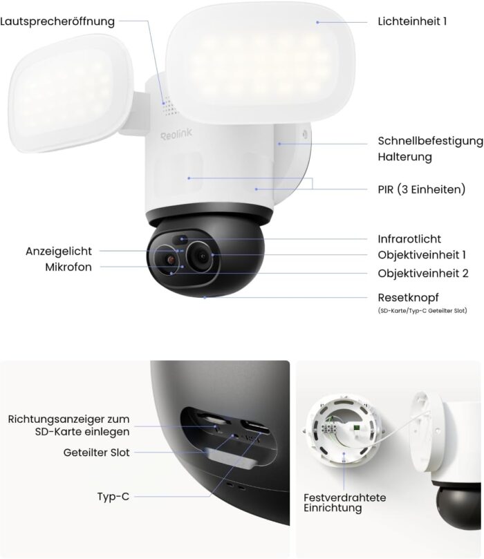 Reolink TrackFlex Floodlight WiFi, 4K Wi-Fi 6 PTZ Überwachungskamera Aussen mit 3000 Lumen Flutlicht(3000K~6500K), Auto-Tracking-Zoom, WLAN Kamera Outdoor mit Lokaler KI-Videosuche, 270° PIR-Erkennung
