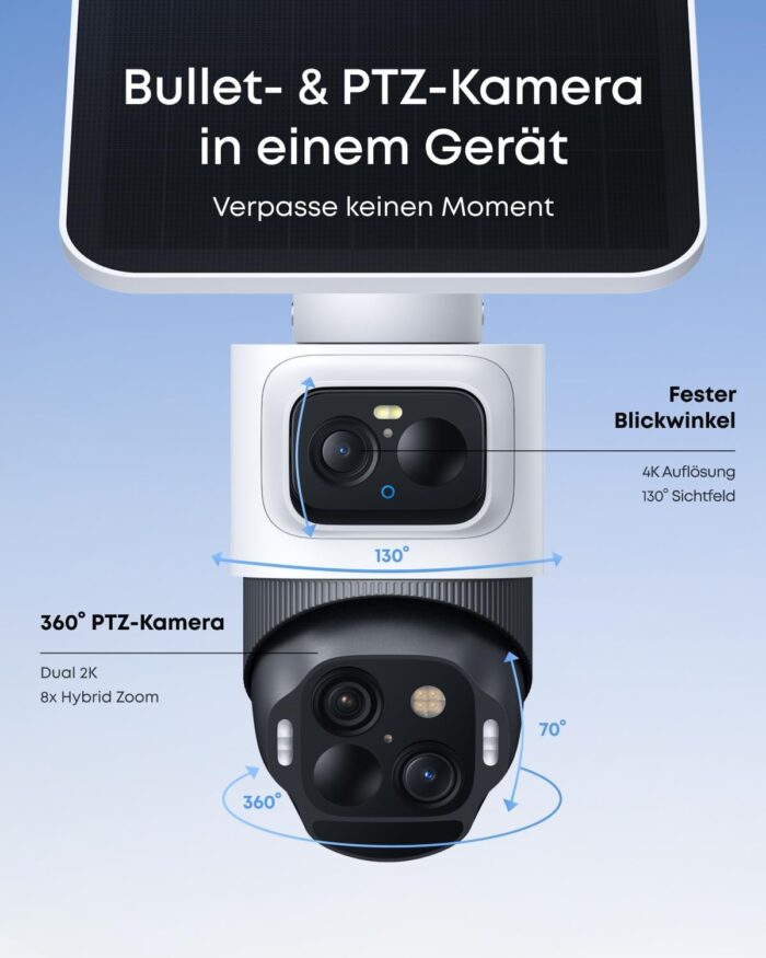 eufyCam S4 2‑Kamera‑Set, kabellose Solar‑Überwachungskamera außen, 3‑Linsen Bullet‑PTZ‑Kamera, 4K UHD, 360° Multi‑Kamera‑Tracking, Auto‑Tracking, 8× Hybridzoom, Farbnachtsicht, 16TB lokaler Speicher