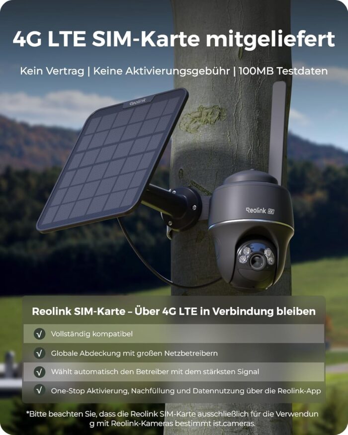 Reolink 4K 4G LTE Überwachungskamera Aussen mit SIM Karte Ohne WLAN, 355°&140° PTZ Solar Kamera Outdoor mit 8MP Farbnachtsicht, 32GB microSD-Karte, Go PT Ultra (Grau) +Solarpanel