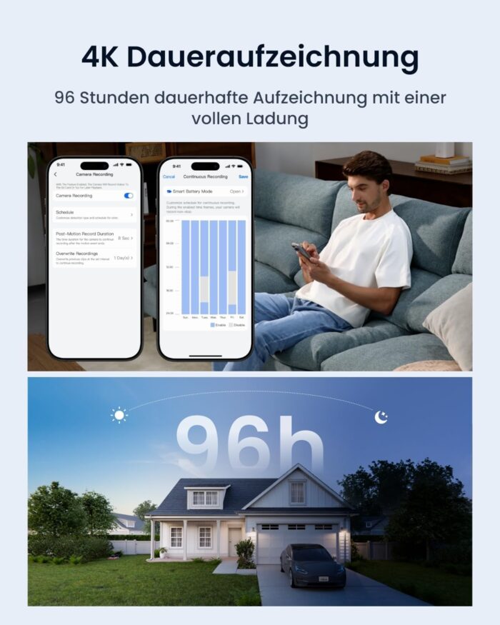 Reolink Altas PT Ultra, Erste 4K Solar Überwachungskamera Aussen Akku mit Daueraufzeichnung, Auto-Tracking, 10s Voraufzeichnung, ColorX-Nachtsicht, 8MP PT WLAN Kamera Outdoor, Wi-Fi 6, mit Solarpanel