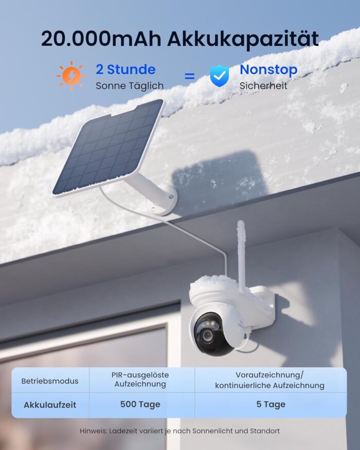 Reolink Altas PT Ultra, Erste 4K Solar Überwachungskamera Aussen Akku mit Daueraufzeichnung, Auto-Tracking, 10s Voraufzeichnung, ColorX-Nachtsicht, 8MP PT WLAN Kamera Outdoor, Wi-Fi 6, mit Solarpanel
