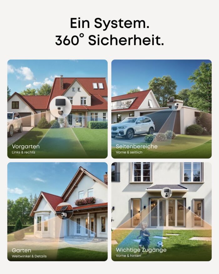 eufyCam S4 2‑Kamera‑Set, kabellose Solar‑Überwachungskamera außen, 3‑Linsen Bullet‑PTZ‑Kamera, 4K UHD, 360° Multi‑Kamera‑Tracking, Auto‑Tracking, 8× Hybridzoom, Farbnachtsicht, 16TB lokaler Speicher