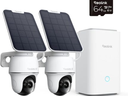 Reolink 4K PT Solar Überwachungskamera Aussen Set Outdoor Akku mit Home Hub, 360° Schwenkbare, Farbnachtsicht, Lokaler Speicher, Ohne ABO-Gebühren, Argus PT Ultra 2-Kamera-Set, mit Solarpanel