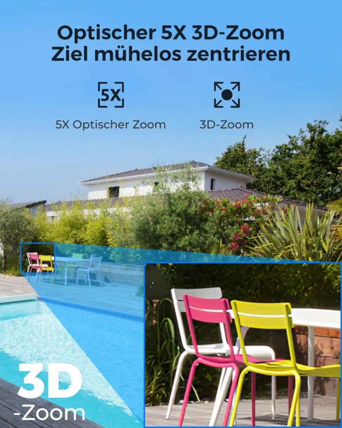 Reolink 4K 8MP UHD PTZ Outdoor Überwachungskamera PoE mit 5X 3D optischem Zoom, Auto-Tracking, Farbnachtsicht, smarte Personen-/Fahrzeug-/Tier-Erkennung, Zwei-Wege-Audio, 24/7 Aufzeichnung, RLC-823S1