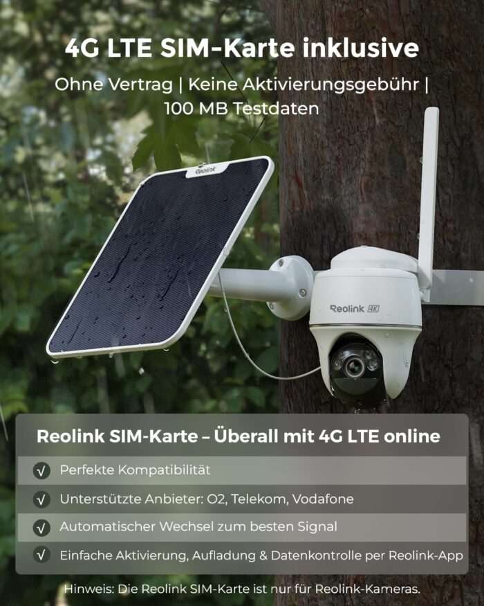 Reolink 4K 3G/4G LTE Überwachungskamera mit SIM Karte, 355°&140° PTZ Solar Kamera Outdoor mit 8MP Farbnachtsicht, Person/Auto/Haustiererkennung, 32GB microSD-Karte, Go PT Ultra+6W Solarpanel