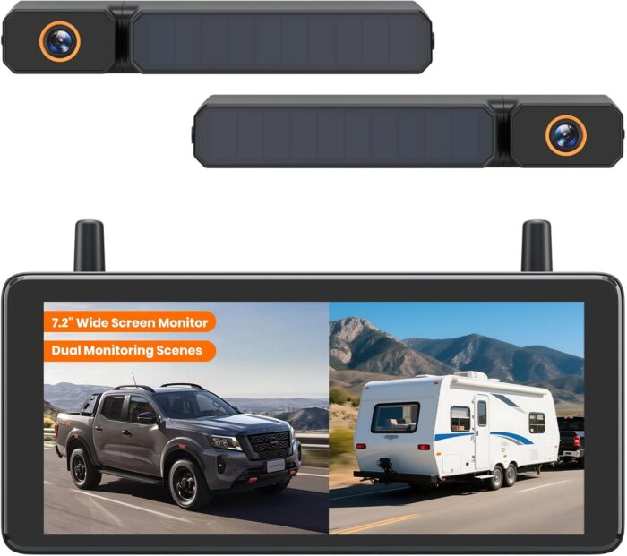 AUTO-VOX 7,2" DVR Solar Rückfahrkamera Kabellos, 2Min Schnellinstallation, 1080P Batteriebetriebene, Unterstützt 2 Kanäle, IP69K Wasserdicht Rückfahrkamera Funk für PKW/SUV/Transporter/LKW/Anhänger