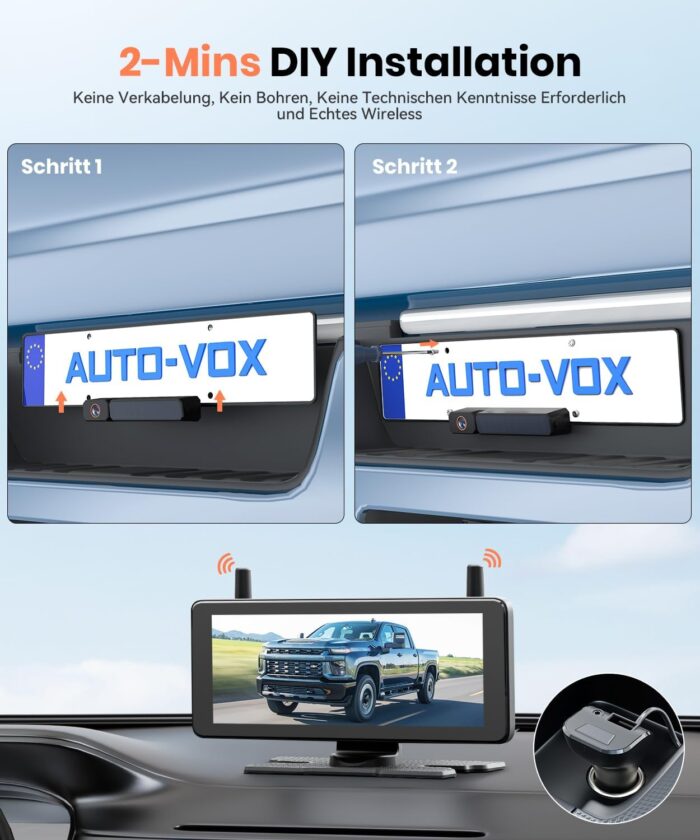 AUTO-VOX 7,2" DVR Solar Rückfahrkamera Kabellos, 2Min Schnellinstallation, 1080P Batteriebetriebene, Unterstützt 2 Kanäle, IP69K Wasserdicht Rückfahrkamera Funk für PKW/SUV/Transporter/LKW/Anhänger