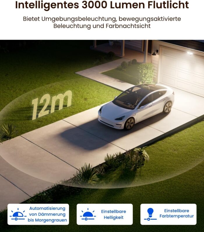 Reolink TrackFlex Floodlight WiFi, 4K Wi-Fi 6 PTZ Überwachungskamera Aussen mit 3000 Lumen Flutlicht(3000K~6500K), Auto-Tracking-Zoom, WLAN Kamera Outdoor mit Lokaler KI-Videosuche, 270° PIR-Erkennung