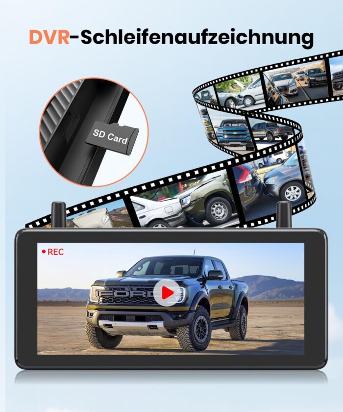 AUTO-VOX 7,2" DVR Solar Rückfahrkamera Kabellos, 2Min Schnellinstallation, 1080P Batteriebetriebene, Unterstützt 2 Kanäle, IP69K Wasserdicht Rückfahrkamera Funk für PKW/SUV/Transporter/LKW/Anhänger