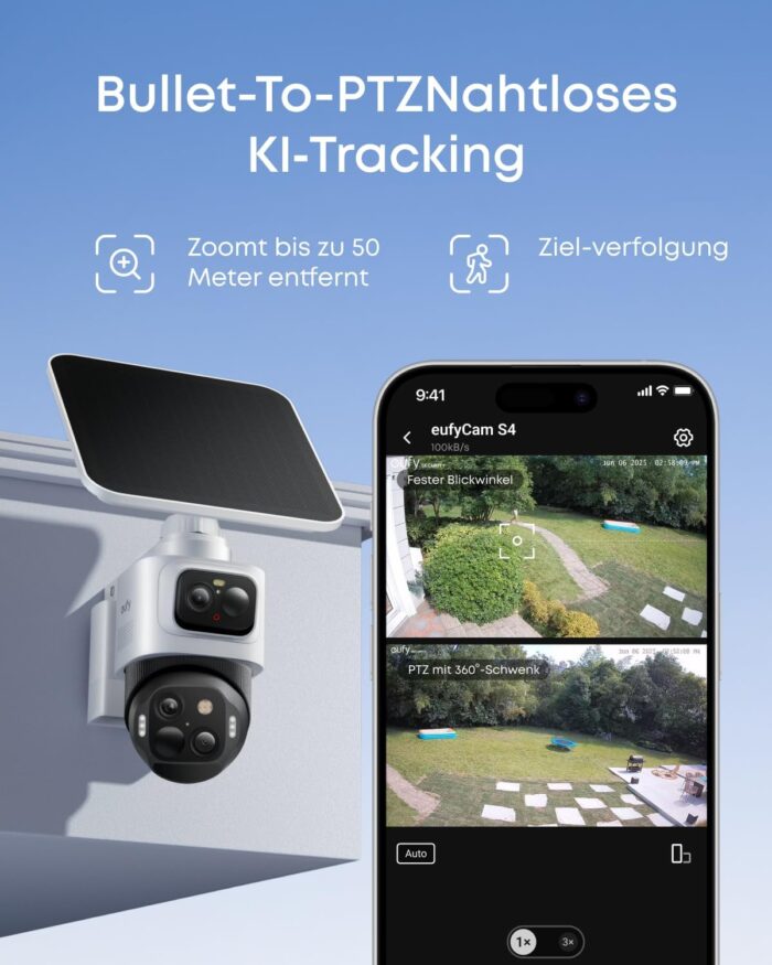 eufyCam S4 2‑Kamera‑Set, kabellose Solar‑Überwachungskamera außen, 3‑Linsen Bullet‑PTZ‑Kamera, 4K UHD, 360° Multi‑Kamera‑Tracking, Auto‑Tracking, 8× Hybridzoom, Farbnachtsicht, 16TB lokaler Speicher