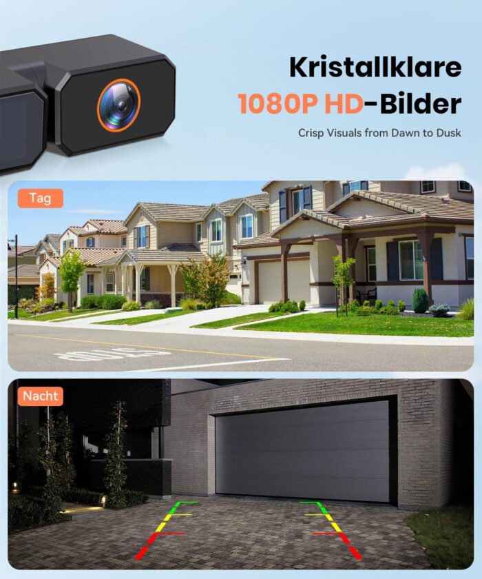 AUTO-VOX 7,2" DVR Solar Rückfahrkamera Kabellos, 2Min Schnellinstallation, 1080P Batteriebetriebene, Unterstützt 2 Kanäle, IP69K Wasserdicht Rückfahrkamera Funk für PKW/SUV/Transporter/LKW/Anhänger