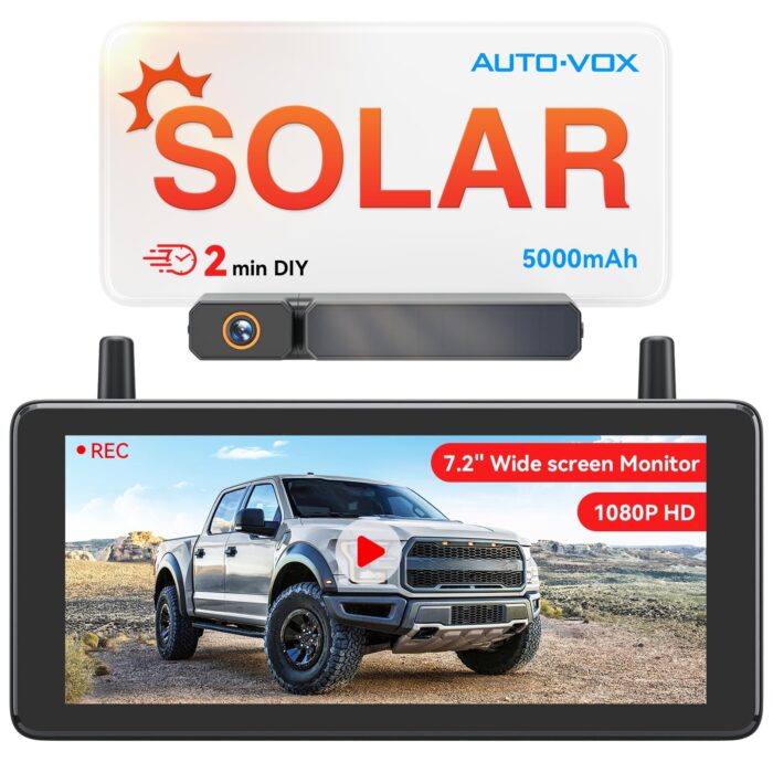AUTO-VOX 7,2" DVR Solar Rückfahrkamera Kabellos, 2Min Schnellinstallation, 1080P Batteriebetriebene, Unterstützt 2 Kanäle, IP69K Wasserdicht Rückfahrkamera Funk für PKW/SUV/Transporter/LKW/Anhänger