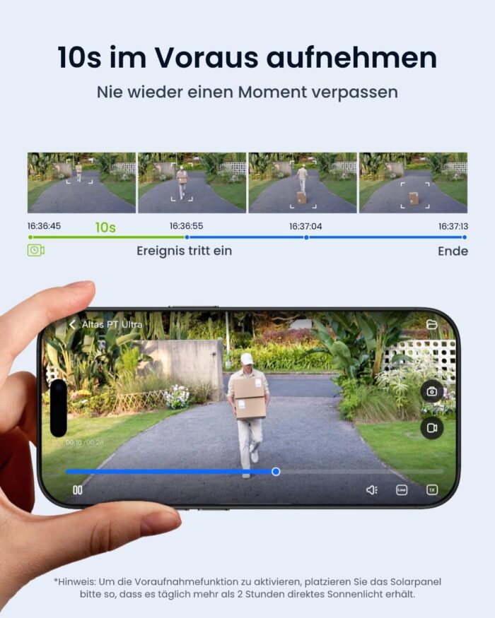 Reolink Altas PT Ultra, Erste 4K Solar Überwachungskamera Aussen Akku mit Daueraufzeichnung, Auto-Tracking, 10s Voraufzeichnung, ColorX-Nachtsicht, 8MP PT WLAN Kamera Outdoor, Wi-Fi 6, mit Solarpanel