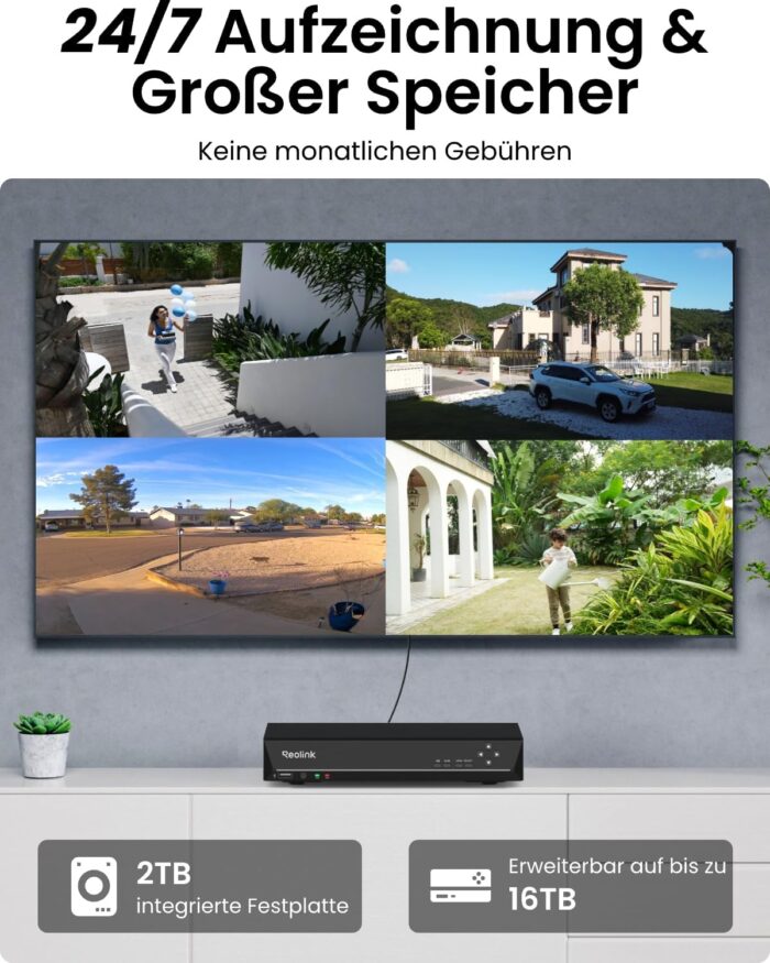 Reolink 4K Überwachungskamera Aussen Set, 8CH Videoüberwachung mit 4X 8MP PoE IP Kamera und 2TB HDD NVR für 24/7 Aufnahme Innen Outdoor, Personenerkennung und Fahrzeugerkennung, IP67, RLK8-800B4